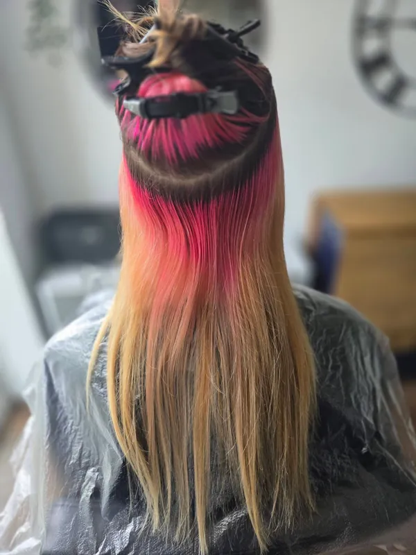 Pink root vivid with blonde lengths